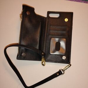 iPhone 7 plus iPhone 8 plus black leather phone case / wallet with strap
